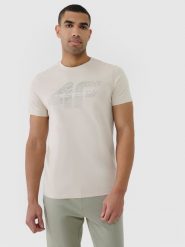 4F T-shirt regular z nadrukiem męski - beżowy S. Brązowe t-shirty męskie 4f, m, bez wzorów, z bawełny, bez kołnierzyka. W wyprzedaży za 39.99 zł.