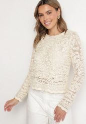 Beżowa Bluzka z Bawełny Ozdobiona Ażurowym Wzorem Melonera. Brązowe bluzki damskie Born2be, l, w ażurowe wzory, z bawełny, eleganckie, bez kołnierzyka, bez ramiączek. Za 99.99 zł.