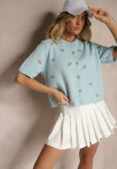 Niebieski Wzorzysty Sweter Kardigan z Krótkim Rękawem z Dodatkiem Wełny Korivelle. Niebieskie kardigany damskie Renee, bez wzorów, z jeansu. Za 139.99 zł.