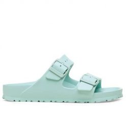 Klapki damskie Birkenstock Arizona Eva. Zielone klapki damskie Birkenstock, bez wzorów, z materiału, bez obcasa. Za 346.00 zł.
