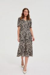 Wzorzysta sukienka midi beżowa. Brązowe sukienki damskie MOODO, l, bez wzorów, z elastanu, bez kołnierzyka, bez ramiączek, midi. Za 139.99 zł.