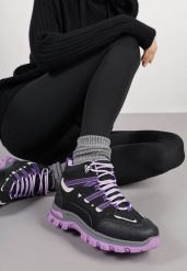 Czarno-Fioletowe Sznurowane Buty Trekkingowe Traperki Vices na Grubej Podeszwie Afertie. Czarne obuwie trekkingowe damskie Born2be. Za 99.99 zł.