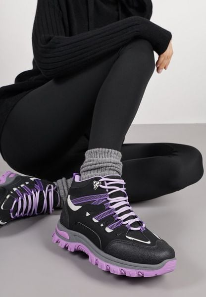 Czarno-Fioletowe Sznurowane Buty Trekkingowe Traperki Vices na Grubej Podeszwie Afertie. Czarne obuwie trekkingowe damskie Born2be, z jeansu, bez obcasa. Za 79.99 zł.