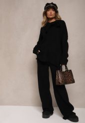 Czarny Komplet Oversize z Dzianiny Sweter z Wiązaniem i Spodnie o Szerokim Kroju Emmige. Czarne spodnie materiałowe damskie Renee, bez wzorów, z dzianiny, eleganckie. Za 169.99 zł.