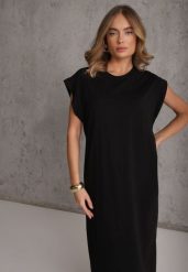 Czarna Sukienka T-shirtowa z Krótkimi Szerokimi Rękawami Arisea. Czarne sukienki damskie Renee, do pracy, na lato, bez wzorów, biznesowe, bez kołnierzyka, bez ramiączek, midi. Za 89.99 zł.