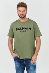 BALMAIN Zielony t-shirt Flock&foil T-shirt Bulky Fit. Zielone t-shirty męskie Balmain, m, bez wzorów, bez kołnierzyka. W wyprzedaży za 1,499.99 zł.