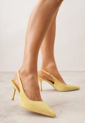 Żółte Sandały Slingback na Szpilce z Imitacji Zamszu Carilona. Żółte sandały damskie Renee, bez wzorów, bez obcasa, na obcasie. Za 99.99 zł.