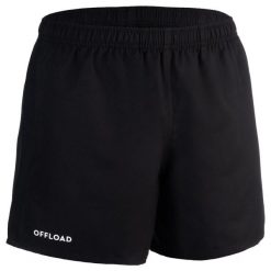 SPODENKI do gry w rugby CLUB R100 bez kieszeni. Czarne szorty męskie OFFLOAD, bez wzorów, z poliesteru. Za 29.99 zł.