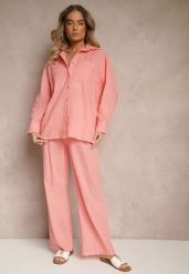 Jasnoróżowy Komplet z Lnem Koszula i Spodnie o Szerokim Kroju Renavine. Czerwone koszule damskie Renee, bez wzorów, z materiału, eleganckie. Za 149.99 zł.