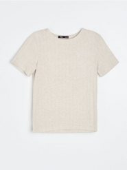 Koszulka z ozdobnymi przeszyciami, z domieszką wiskozy - beżowy. Brązowe t-shirty damskie Sinsay, l, bez wzorów, z wiskozy, bez kołnierzyka. Za 29.99 zł.