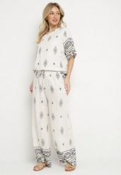 Beżowo-Szary Komplet Wiskozowy Bluzka i Spodnie w Boho Wzór Divenna. Brązowe spodnie materiałowe damskie Born2be, z aplikacjami, z materiału, boho. Za 84.99 zł.