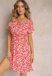 Czerwona Wiskozowa Mini Sukienka w Kwiatowy Print z Gumką w Pasie Frolia. Czerwone sukienki damskie Renee, l, bez wzorów, z wiskozy, bez kołnierzyka, bez ramiączek, mini. W wyprzedaży za 31.49 zł.