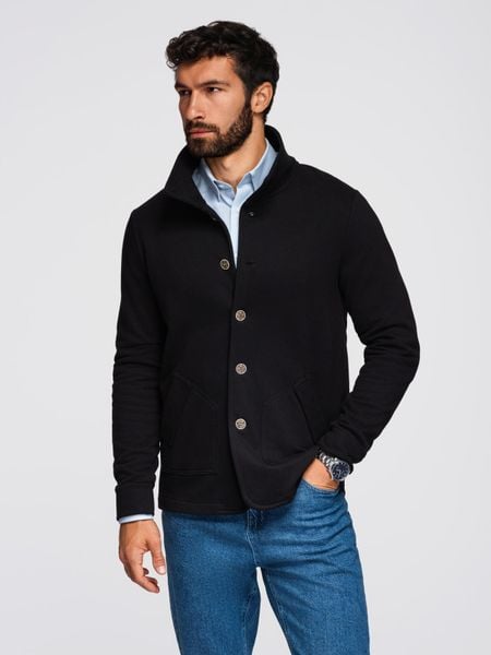 Męska bluza zapinana na guziki ze stójką – czarna V6. Czarne bluzy bez kaptura męskie Ombre Clothing, m, z bawełny. Za 209.99 zł.