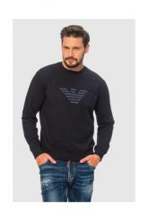 EMPORIO ARMANI Granatowa bluza męska z wyszywanym logo. Niebieskie bluzy bez kaptura męskie Emporio Armani, m, prążkowane. W wyprzedaży za 399.99 zł.