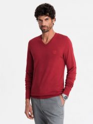 Męski elegancki sweter V-neck BASIC z wiskozą – czerwony V20 OM-SWBS-0107 - XXL. Czerwone swetry męskie Ombre Clothing, l, bez wzorów, z dzianiny, bez kołnierzyka. W wyprzedaży za 89.99 zł.