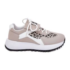 Buty Sportowe Sneakersy Damskie Na Platformie Panterka Biało-Beżowe beżowy. Brązowe buty sportowe na co dzień damskie bez wzorów, trekkingowe. Za 163.66 zł.