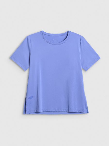 4F Koszulka treningowa loose szybkoschnąca damska - niebieska S. Niebieskie bluzki damskie 4f, s, z materiału, bez kołnierzyka, bez ramiączek. Za 79.99 zł.