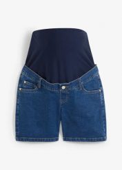 Szorty ciążowe dżinsowe z denimu z bawełny ze stretchem. Niebieskie szorty damskie bonprix, bez wzorów, z bawełny. Za 54.99 zł.