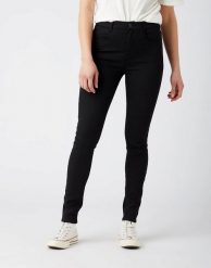 WRANGLER HIGH RISE SKINNY DAMSKIE SPODNIE JEANSOWE FUTURE BLACK W27H4230N 112141263. Czarne spodnie materiałowe damskie Wrangler, z aplikacjami, z elastanu, biznesowe, z podwyższonym stanem. Za 209.99 zł.