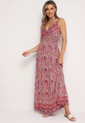 Różowa Wiskozowa Sukienka Boho na Ramiączkach z Gumką w Pasie Elorea. Czerwone sukienki damskie Born2be, na lato, m, bez wzorów, z materiału, boho, bez kołnierzyka, bez ramiączek, maxi. W wyprzedaży za 63.99 zł.