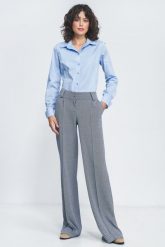 Spodnie Wide Leg w Jodełkę - Granatowe. Spodnie materiałowe damskie Nife, bez wzorów, z materiału, z podwyższonym stanem. Za 295.90 zł.