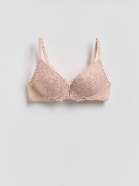Biustonosz push up z haftem - brudny róż. Czerwone biustonosze Reserved, bez wzorów, z dzianiny. Za 89.99 zł.