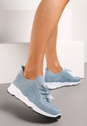 Jasnoniebieskie Buty Sportowe z Metaliczną Nitką i Gumką ze Stoperem Qiliara. Niebieskie buty sportowe na co dzień damskie Born2be, bez wzorów. Za 64.99 zł.