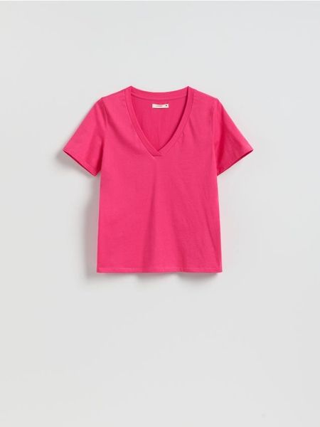 T-shirt regular z dekoltem V - jasnofioletowy. Fioletowe t-shirty damskie Reserved, l, bez wzorów, z bawełny, bez kołnierzyka. Za 35.99 zł.