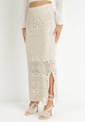 Beżowa Ażurowa Spódnica z Rozcięciem Penelapi. Brązowe spódniczki damskie Born2be, na lato, m, w ażurowe wzory, eleganckie, maxi, proste. Za 109.99 zł.