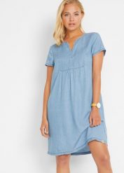 Sukienka z lyocellu. Niebieskie sukienki damskie bonprix, bez wzorów, z lyocellu, eleganckie, bez kołnierzyka, bez ramiączek. Za 122.99 zł.