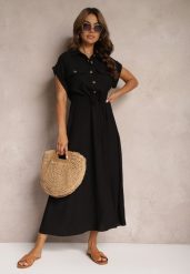 Czarna Sukienka z Wiskozy o Rozkloszowanym Kroju z Gumką w Pasie i Napami Memvia. Czarne sukienki damskie Renee, na co dzień, l, bez wzorów, z wiskozy, eleganckie, bez kołnierzyka, bez ramiączek, maxi, kopertowe. W wyprzedaży za 90.99 zł.