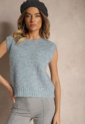 Niebieska Sweterkowa Kamizelka z Wełną z Prążkowanego Materiału Titheora. Niebieskie kamizelki damskie Renee, prążkowane. Za 89.99 zł.