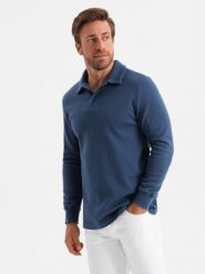 Bluza męska z kołnierzykiem polo ze strukturalnej dzianiny - ciemnoniebieska V5 OM-SSNZ-0149 - XXL. Niebieskie bluzy bez kaptura męskie Ombre Clothing, l, z bawełny. W wyprzedaży za 59.99 zł.