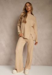 Beżowy Komplet z Wełną i Bawełną Sweter z Guzikami i Szerokie Spodnie Reinelia. Brązowe swetry klasyczne damskie Renee, l, z bawełny, bez kołnierzyka. Za 139.99 zł.