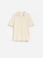 Sweter polo z dodatkiem lnu - beżowy. Brązowe swetry męskie Reserved, l, bez wzorów, z bawełny, bez kołnierzyka. Za 129.99 zł.