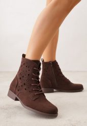 Brązowe Sznurowane Botki z Ażurową Cholewką Zeliana. Brązowe botki damskie Born2be, z jeansu, klasyczne, bez obcasa, na płaskiej podeszwie, bez zapięcia. Za 129.99 zł.