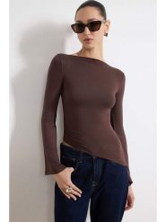Trendyol Bluzka w kolorze brązowym rozmiar: XS. Brązowe bluzki damskie Trendyol, xs, bez wzorów, z bawełny, z asymetrycznym kołnierzem, bez ramiączek. Za 39.99 zł.