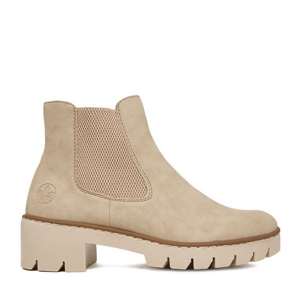 Botki Rieker. Brązowe botki damskie Rieker, bez obcasa, na płaskiej podeszwie, bez zapięcia. Za 349.99 zł.
