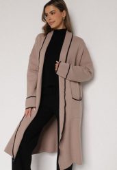 Beżowy Długi Niezapinany Kardigan Ozdobiony Lamówką Veritusa. Brązowe kardigany damskie Born2be, uniwersalny, bez wzorów, z jeansu. Za 119.99 zł.