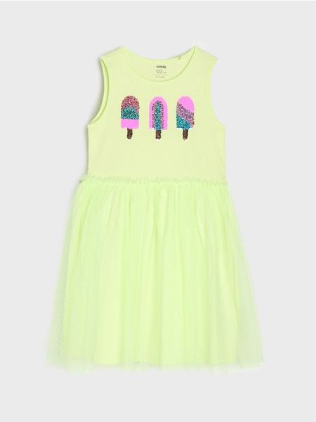 Sukienka z ozdobnymi cekinami - zielony. Zielone sukienki dziewczęce Sinsay, bez wzorów, bez ramiączek. Za 25.99 zł.