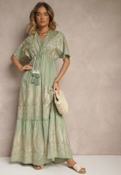 Zielona Wiskozowa Sukienka Boho o Kopertowym Kroju z Metalicznym Haftem Redeselle. Zielone sukienki damskie Renee, na co dzień, m, z aplikacjami, z wiskozy, boho, bez kołnierzyka, bez ramiączek, maxi, kopertowe. W wyprzedaży za 103.99 zł.