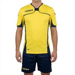 Męski Zestaw Piłkarski Setubal MC Koszulka i Szorty Żółto-Niebieskie. Niebieskie szorty męskie Legea, bez wzorów, z bawełny, sportowe. Za 56.00 zł.