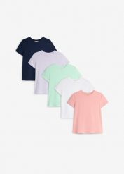 T-shirt z czystej bawełny organicznej, (5 szt.). Niebieskie koszulki dziewczęce bonprix, bez wzorów, z bawełny, bez ramiączek. Za 109.99 zł.