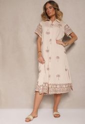Beżowa Sukienka z Wiskozą o Pudełkowym Kroju z Kołnierzykiem z Haftem Sanavelle. Brązowe sukienki damskie Renee, na co dzień, l, bez wzorów, z wiskozy, eleganckie, bez kołnierzyka, bez ramiączek, midi. W wyprzedaży za 90.99 zł.