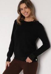 Czarny Sweter z Guzikami z Boku Tusiana. Czarne swetry klasyczne damskie Born2be, z jeansu, bez kołnierzyka. Za 79.99 zł.