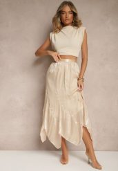 Beżowa Spódnica o Rozkloszowanym Kroju z Błyszczącą Nitką Lumorisse. Brązowe spódniczki damskie Renee, l, bez wzorów, eleganckie, maxi, proste. Za 69.99 zł.
