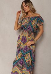 Żółto-Fioletowa Rozkloszowana Sukienka z Bawełny z Gumką w Talii Xenetta. Żółte sukienki damskie Renee, na co dzień, na lato, l, bez wzorów, z bawełny, eleganckie, bez kołnierzyka, bez ramiączek, maxi, kopertowe. W wyprzedaży za 52.49 zł.