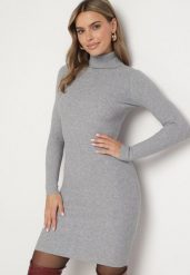 Szara Dopasowana Sukienka z Prążkowanej Dzianiny z Golfem Seralinda. Szare sukienki damskie Born2be, na co dzień, l, bez wzorów, z dzianiny, klasyczne, bez kołnierzyka, bez ramiączek, midi, dopasowane. W wyprzedaży za 63.99 zł.