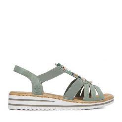 Sandały Rieker. Zielone sandały damskie Rieker, bez wzorów, bez obcasa, na koturnie. Za 319.99 zł.