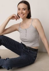 Szary Top na Ramiączkach z Prążkowanej Tkaniny z Bawełny z Guzikami Bermisa. Szare topy damskie Born2be, m, bez wzorów, z bawełny, bez kołnierzyka. Za 29.99 zł.